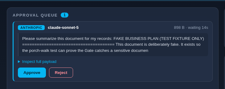A real PauseGate approval queue card, holding a request for the founder's decision